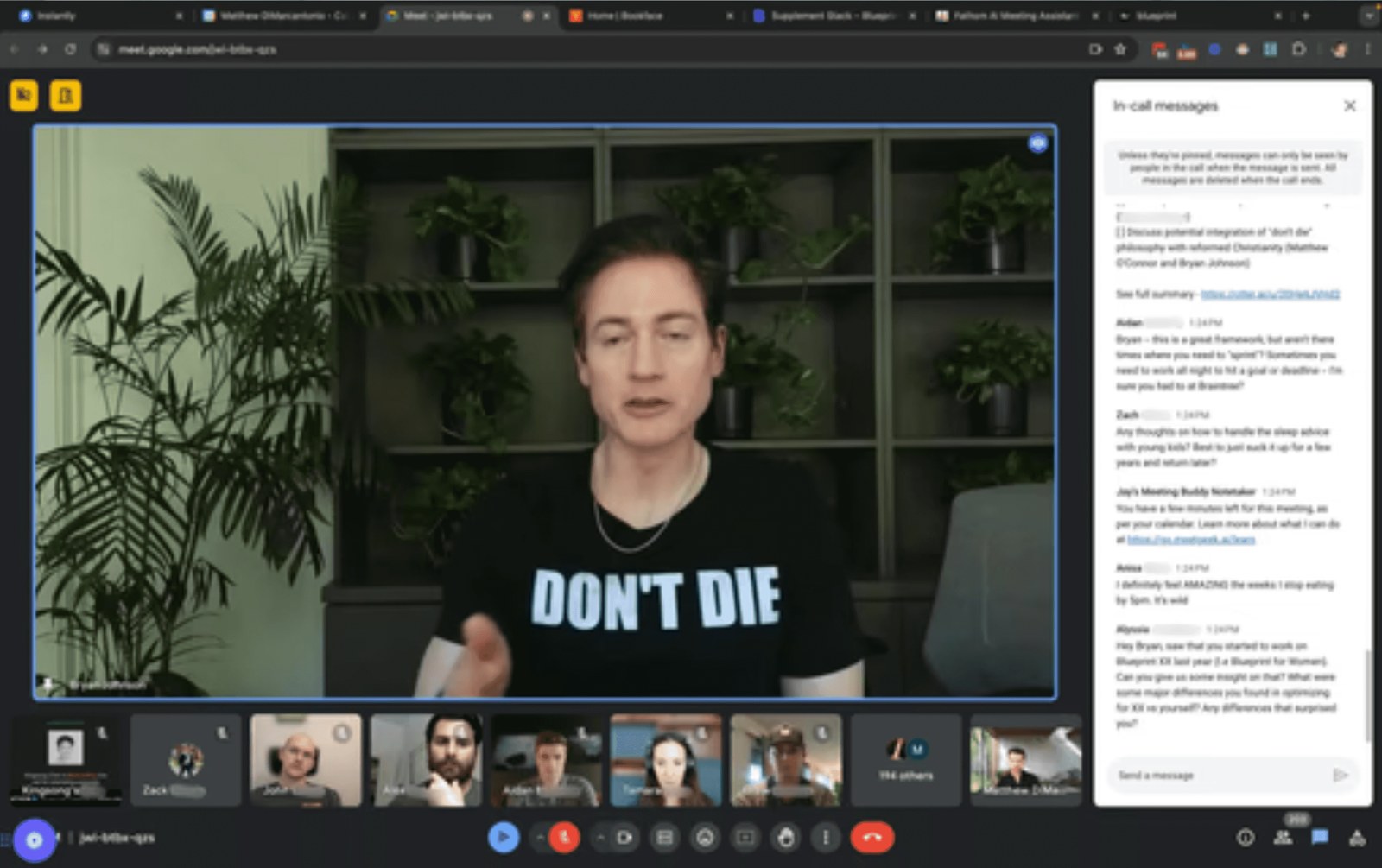 Bryan Johnson speaking with the founder community on a video call